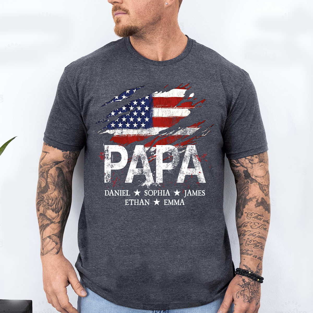 Papa American Flag Shirt, Personalized Papa Tee with Kids Names, Patriotic Dad Shirt, Custom Grandpa Gift, 4th of July Family Shirt