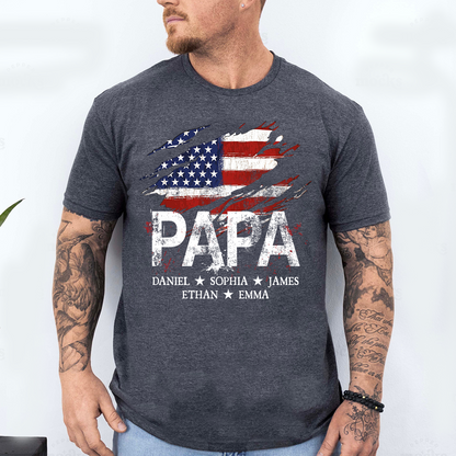 Papa American Flag Shirt, Personalized Papa Tee with Kids Names, Patriotic Dad Shirt, Custom Grandpa Gift, 4th of July Family Shirt