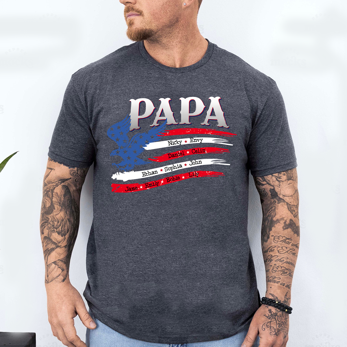 Personalized Papa Shirt with American Flag Eagle, Custom Family Names, Patriotic Gift for Papa