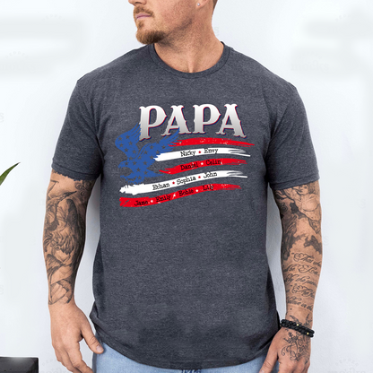 Personalized Papa Shirt with American Flag Eagle, Custom Family Names, Patriotic Gift for Papa