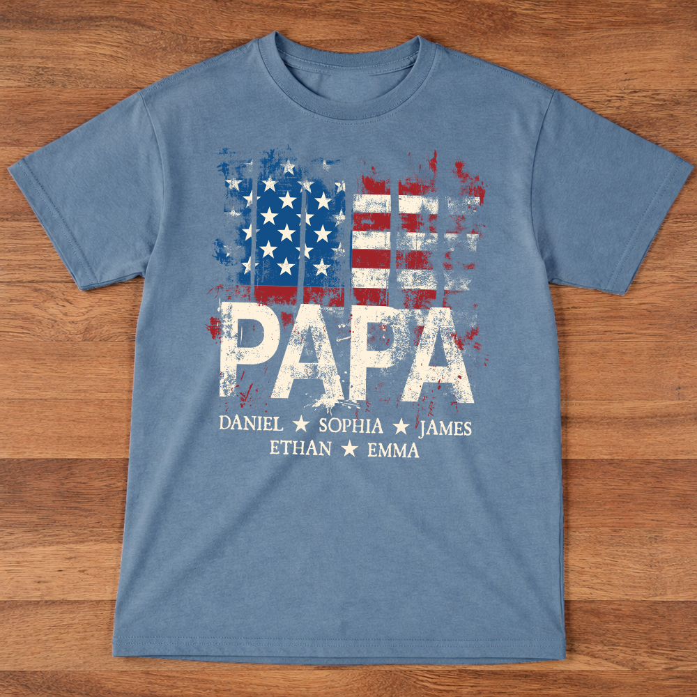 Papa American Flag Shirt With Name, Personalized Dad T Shirt Patriotic Style
