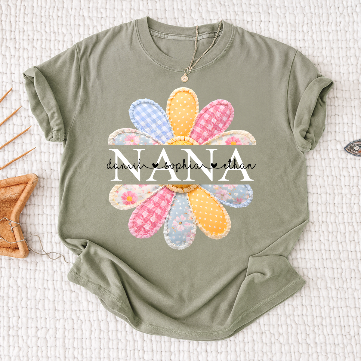 Personalized Nana Shirt with Colorful Patchwork Daisy – Custom Grandma Gift with Grandkids  Names
