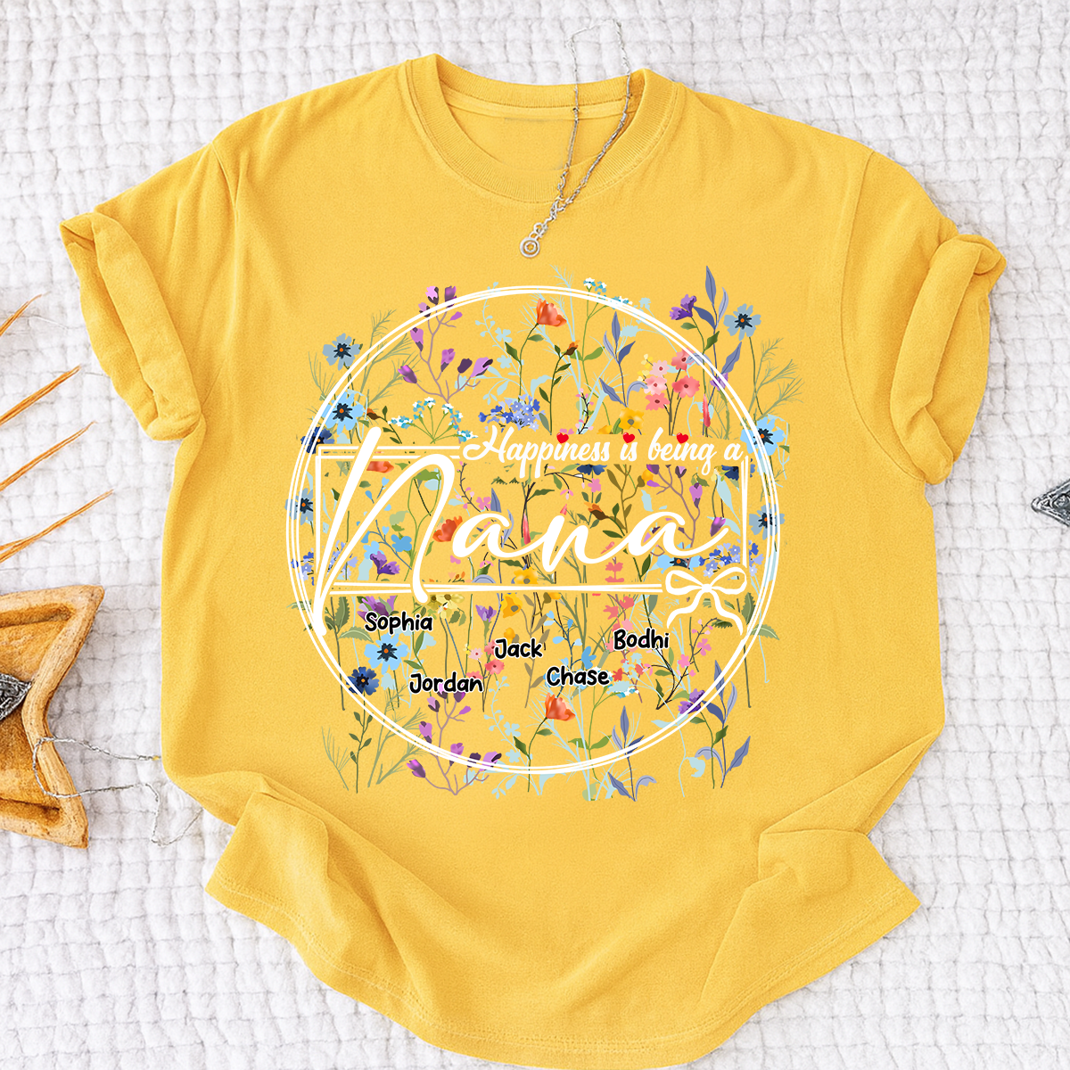 Happiness is Being a Nana - Personalized Floral Shirt with Kids’ Names, Ideal Gift for Nana