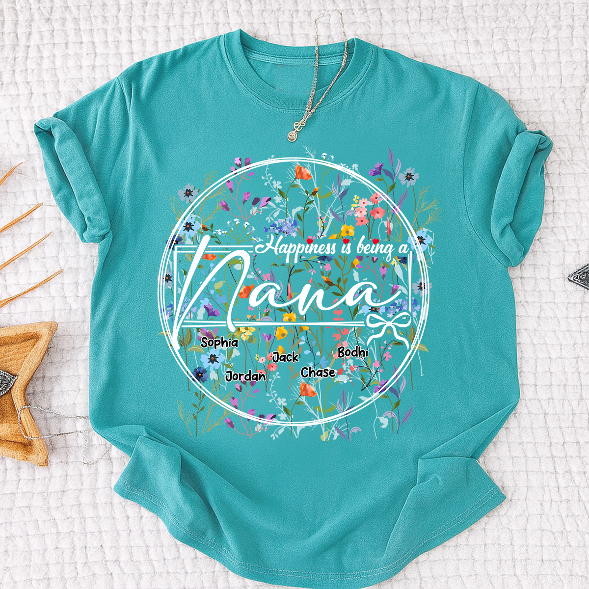 Happiness is Being a Nana - Personalized Floral Shirt with Kids’ Names, Ideal Gift for Nana