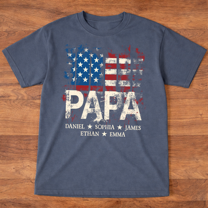 Papa American Flag Shirt With Name, Personalized Dad T Shirt Patriotic Style