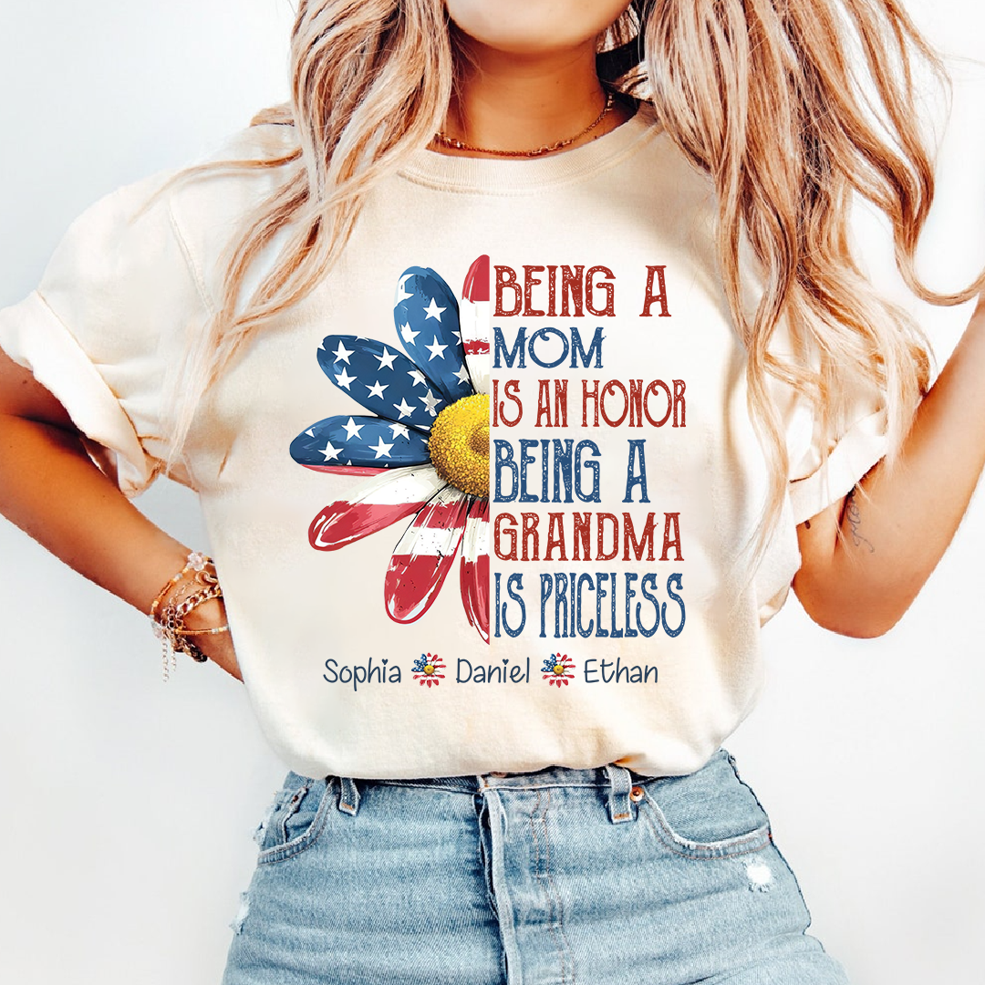 Personalized Grandma T-Shirt, Being a Mom Is an Honor Grandma Is Priceless Patriotic Flower Tee