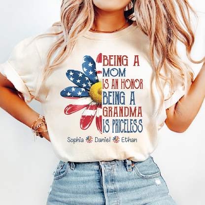 Personalized Grandma T-Shirt, Being a Mom Is an Honor Grandma Is Priceless Patriotic Flower Tee