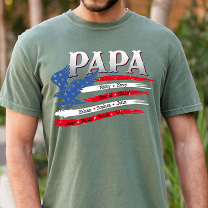 Personalized Papa Shirt with American Flag Eagle, Custom Family Names, Patriotic Gift for Papa
