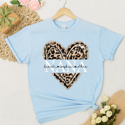 Custom Leopard Heart Nana Shirt – Personalized Gift for Grandma with Grandkids Names