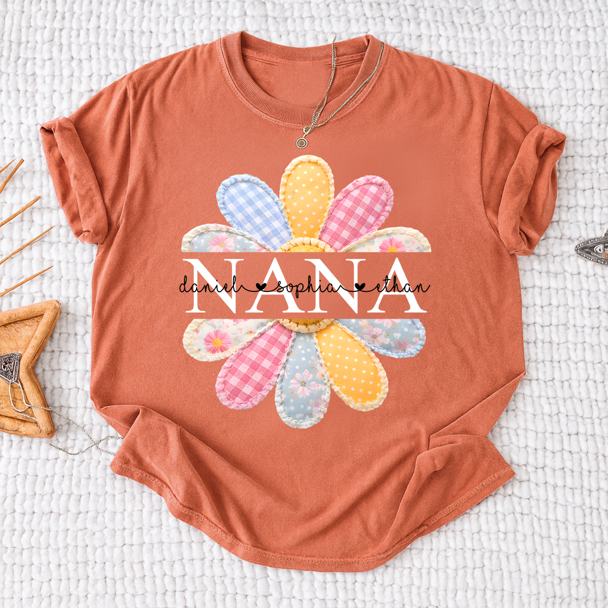 Personalized Nana Shirt with Colorful Patchwork Daisy – Custom Grandma Gift with Grandkids  Names