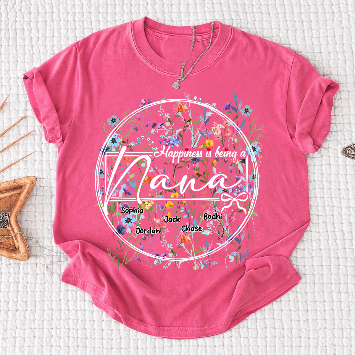 Happiness is Being a Nana - Personalized Floral Shirt with Kids’ Names, Ideal Gift for Nana