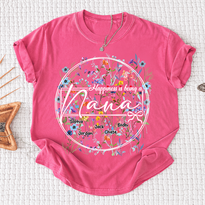 Happiness is Being a Nana - Personalized Floral Shirt with Kids’ Names, Ideal Gift for Nana