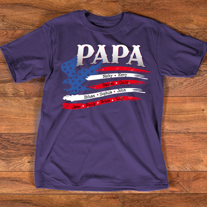 Personalized Papa Shirt with American Flag Eagle, Custom Family Names, Patriotic Gift for Papa