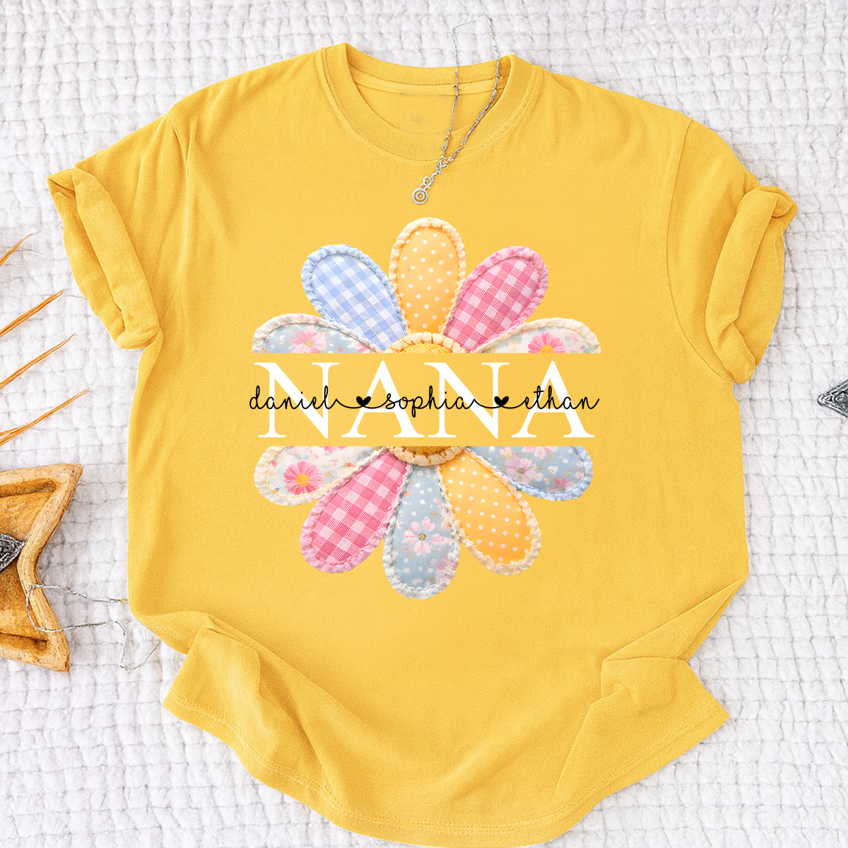 Personalized Nana Shirt with Colorful Patchwork Daisy – Custom Grandma Gift with Grandkids  Names