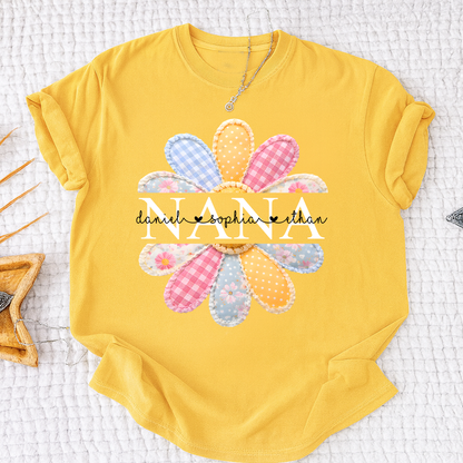 Personalized Nana Shirt with Colorful Patchwork Daisy – Custom Grandma Gift with Grandkids  Names