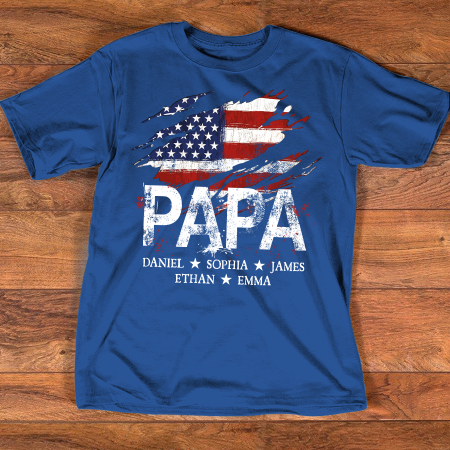 Papa American Flag Shirt, Personalized Papa Tee with Kids Names, Patriotic Dad Shirt, Custom Grandpa Gift, 4th of July Family Shirt