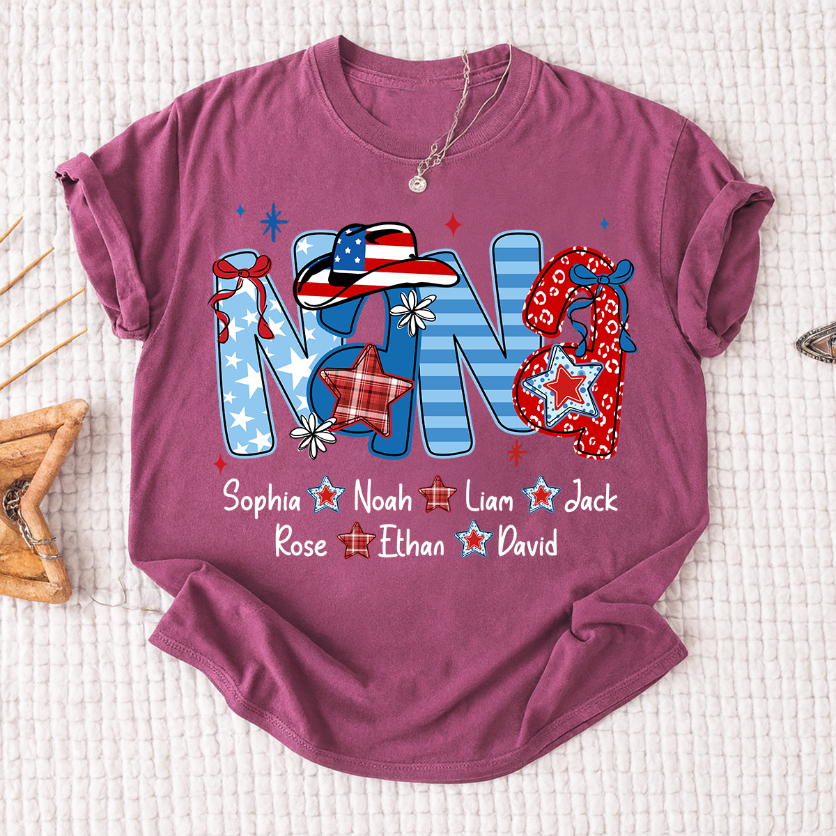 Custom Nana 4th July Independence Day American Flag Shirt For Grandma, Personalized Gift For Grandma And Kids