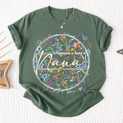 Happiness is Being a Nana - Personalized Floral Shirt with Kids’ Names, Ideal Gift for Nana
