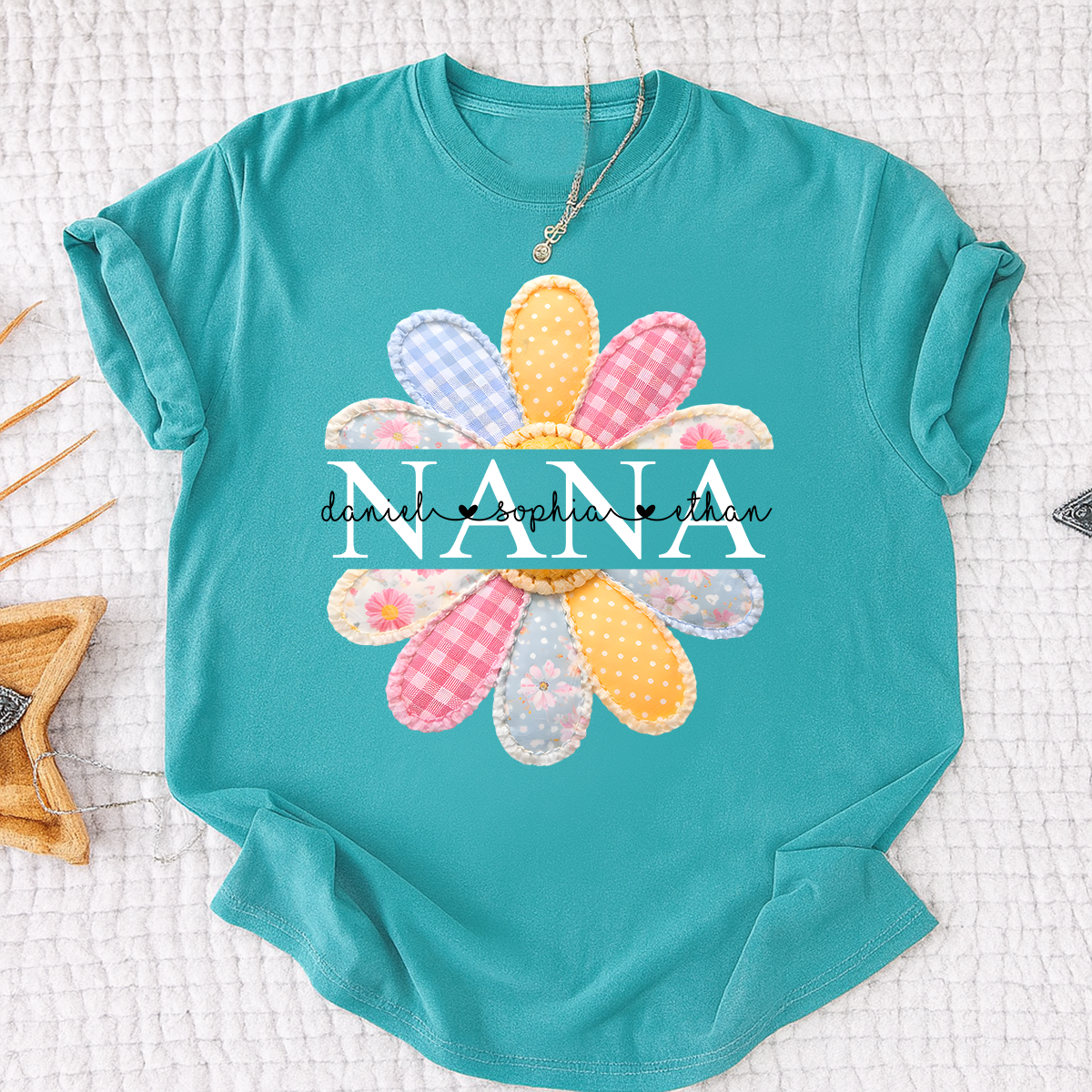 Personalized Nana Shirt with Colorful Patchwork Daisy – Custom Grandma Gift with Grandkids  Names