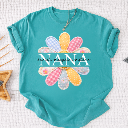 Personalized Nana Shirt with Colorful Patchwork Daisy – Custom Grandma Gift with Grandkids  Names
