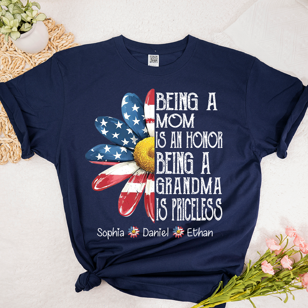 Personalized Grandma T-Shirt, Being a Mom Is an Honor Grandma Is Priceless Patriotic Flower Tee