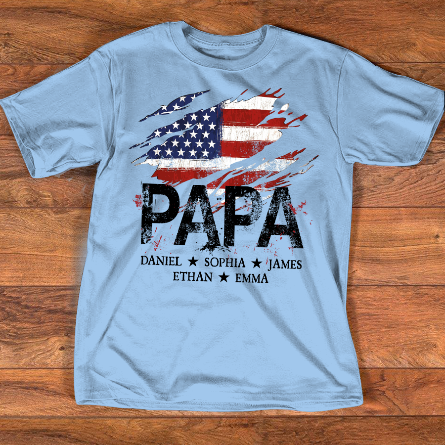 Papa American Flag Shirt, Personalized Papa Tee with Kids Names, Patriotic Dad Shirt, Custom Grandpa Gift, 4th of July Family Shirt