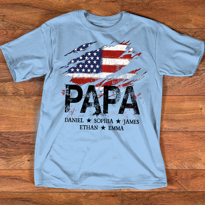 Papa American Flag Shirt, Personalized Papa Tee with Kids Names, Patriotic Dad Shirt, Custom Grandpa Gift, 4th of July Family Shirt