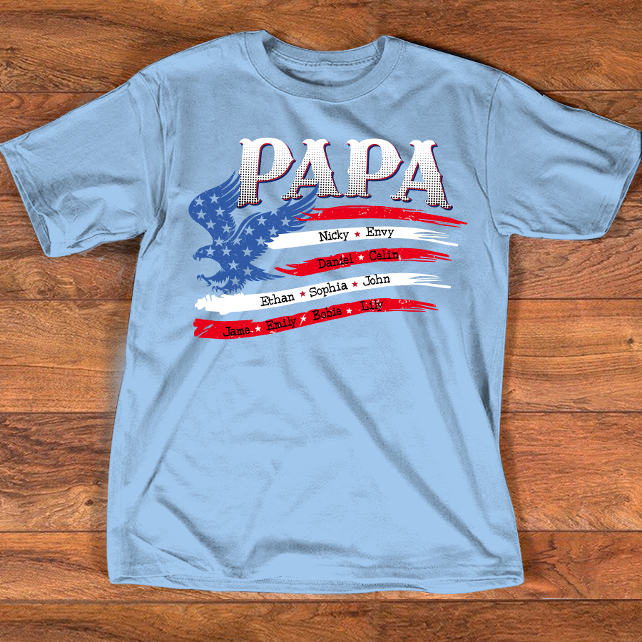Personalized Papa Shirt with American Flag Eagle, Custom Family Names, Patriotic Gift for Papa