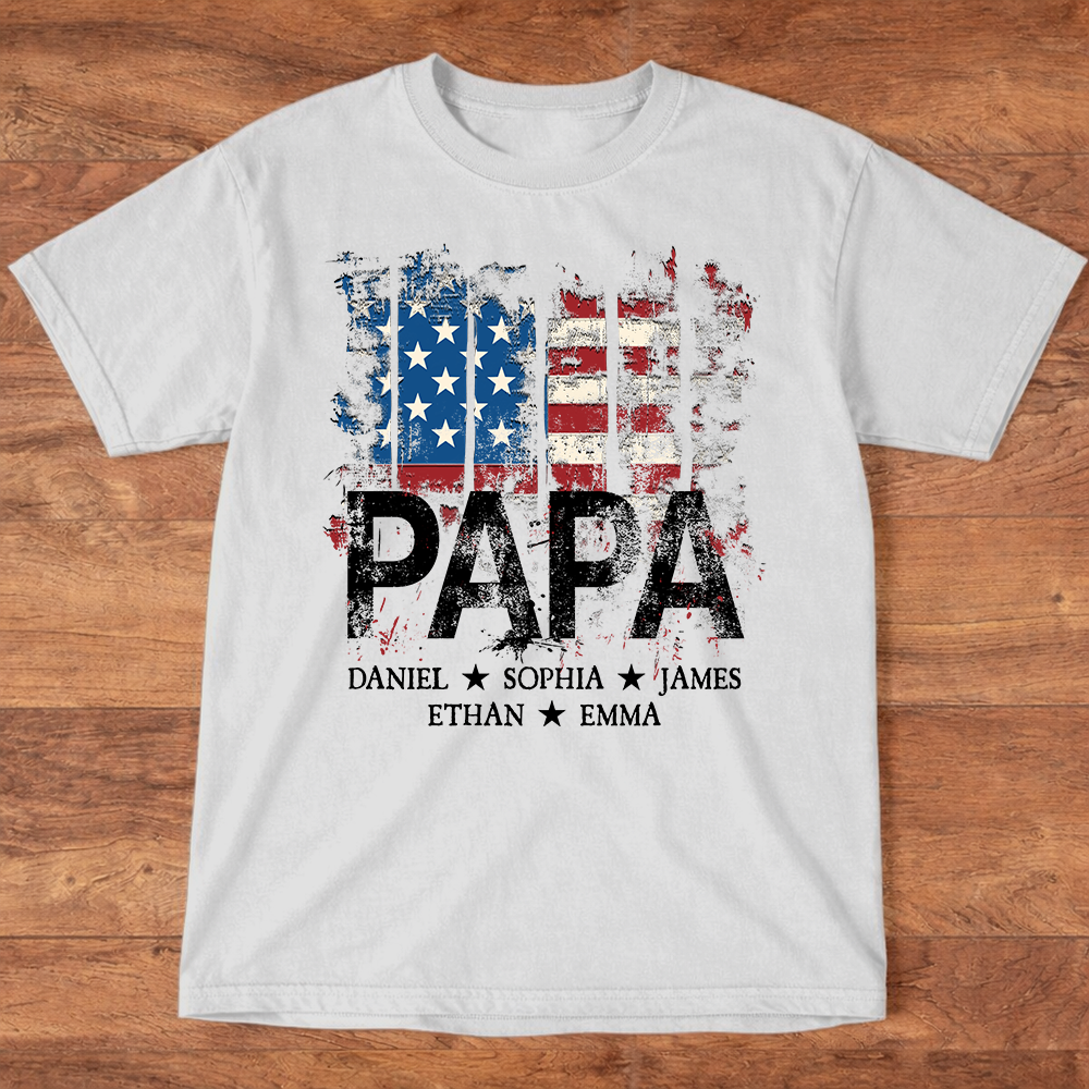 Papa American Flag Shirt With Name, Personalized Dad T Shirt Patriotic Style