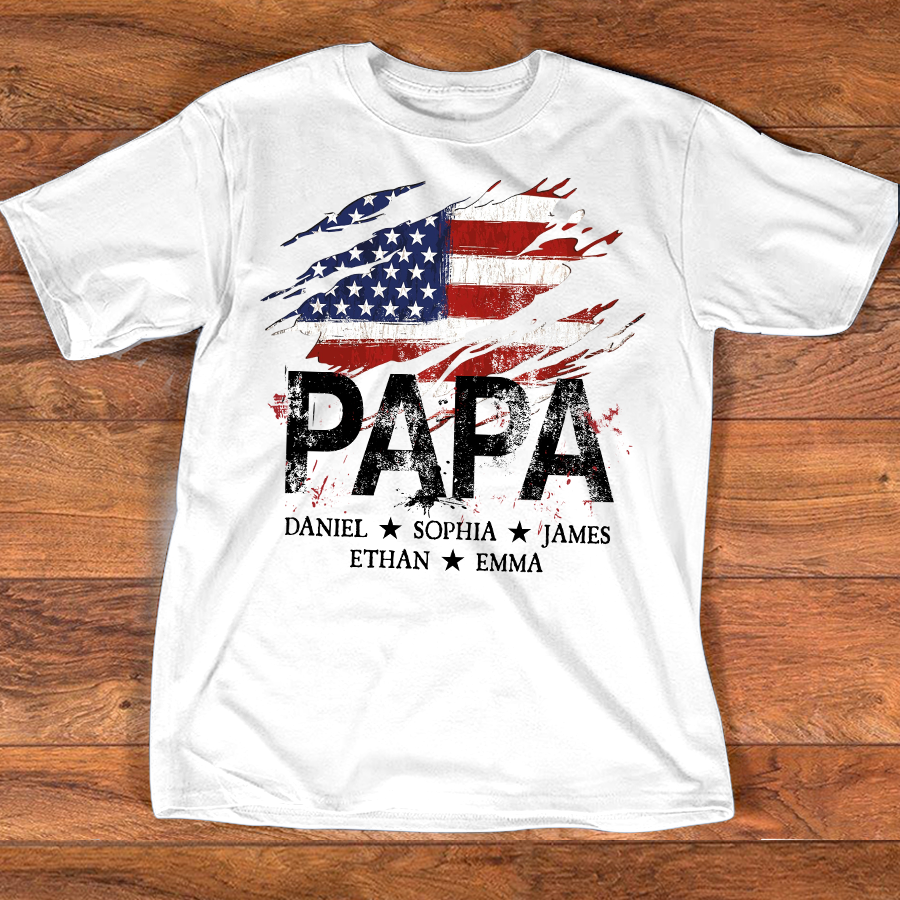 Papa American Flag Shirt, Personalized Papa Tee with Kids Names, Patriotic Dad Shirt, Custom Grandpa Gift, 4th of July Family Shirt