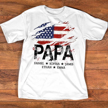 Papa American Flag Shirt, Personalized Papa Tee with Kids Names, Patriotic Dad Shirt, Custom Grandpa Gift, 4th of July Family Shirt