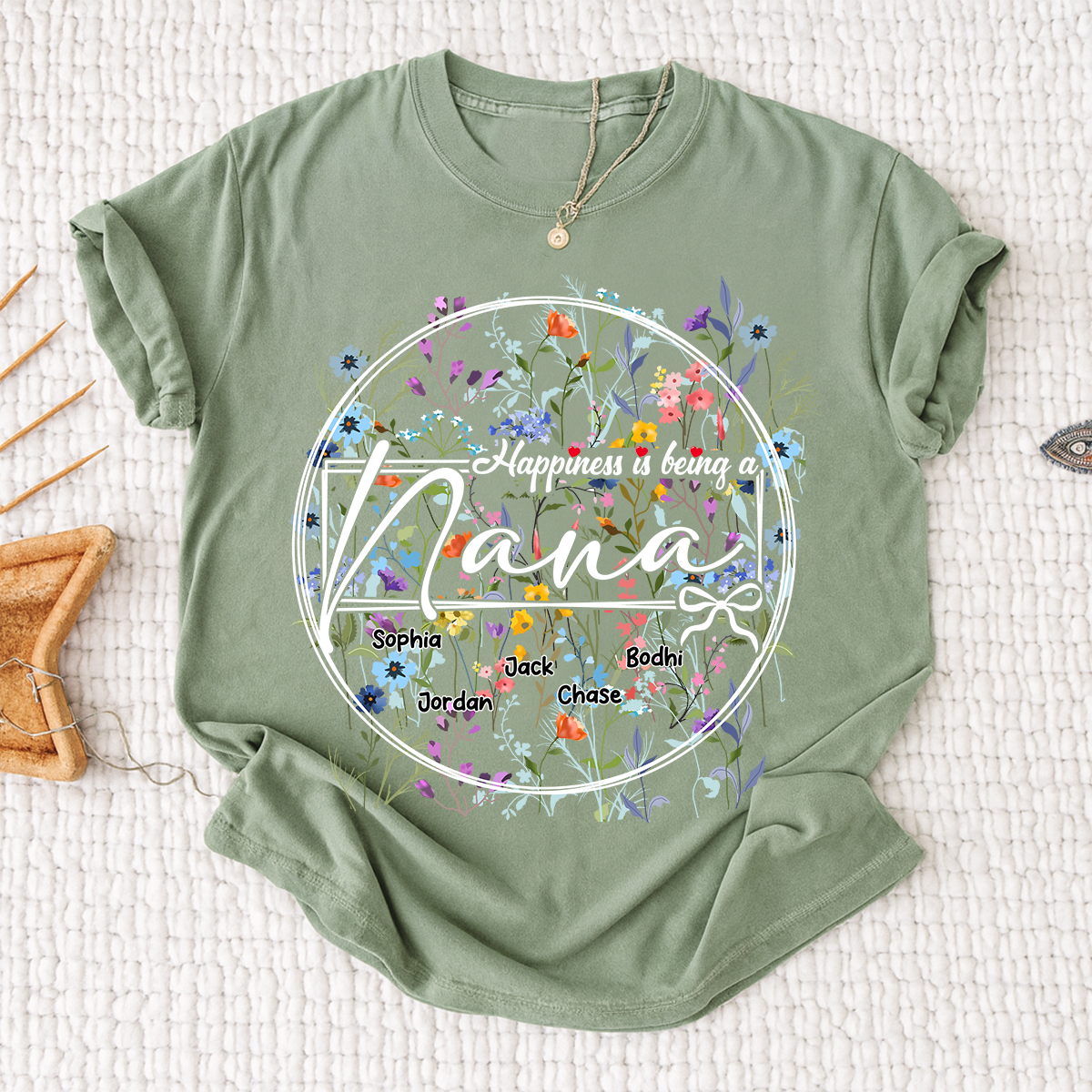 Happiness is Being a Nana - Personalized Floral Shirt with Kids’ Names, Ideal Gift for Nana