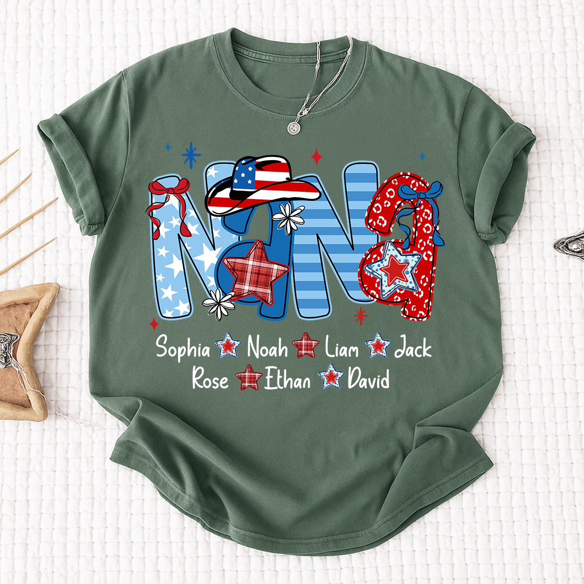 Custom Nana 4th July Independence Day American Flag Shirt For Grandma, Personalized Gift For Grandma And Kids