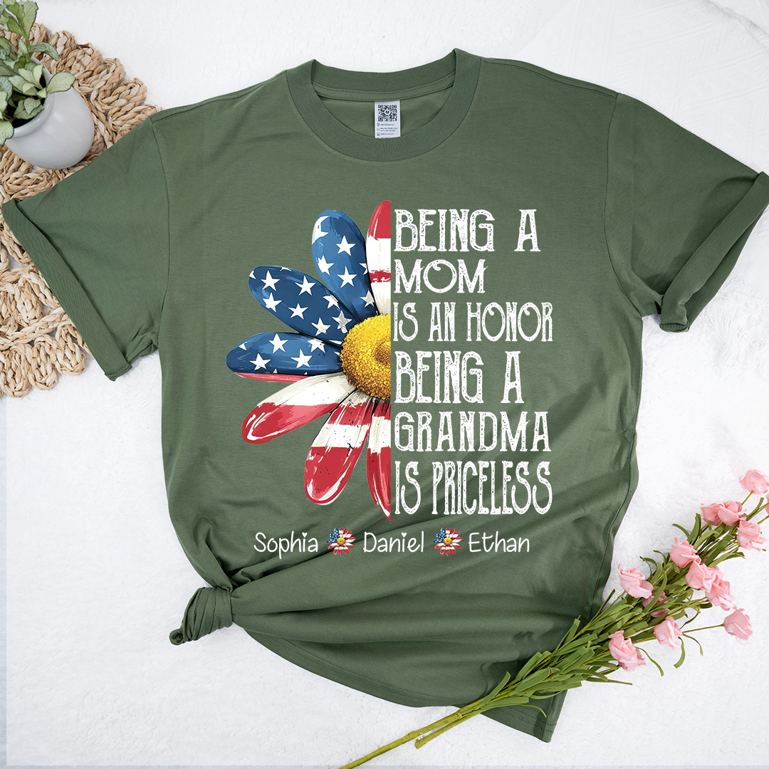 Personalized Grandma T-Shirt, Being a Mom Is an Honor Grandma Is Priceless Patriotic Flower Tee