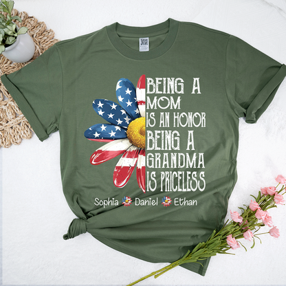 Personalized Grandma T-Shirt, Being a Mom Is an Honor Grandma Is Priceless Patriotic Flower Tee