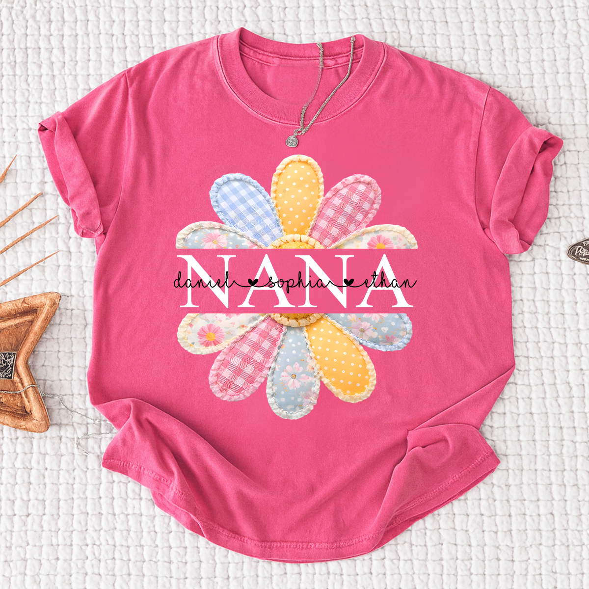 Personalized Nana Shirt with Colorful Patchwork Daisy – Custom Grandma Gift with Grandkids  Names