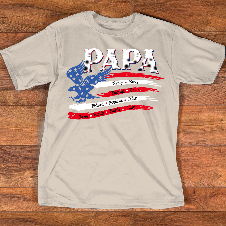 Personalized Papa Shirt with American Flag Eagle, Custom Family Names, Patriotic Gift for Papa