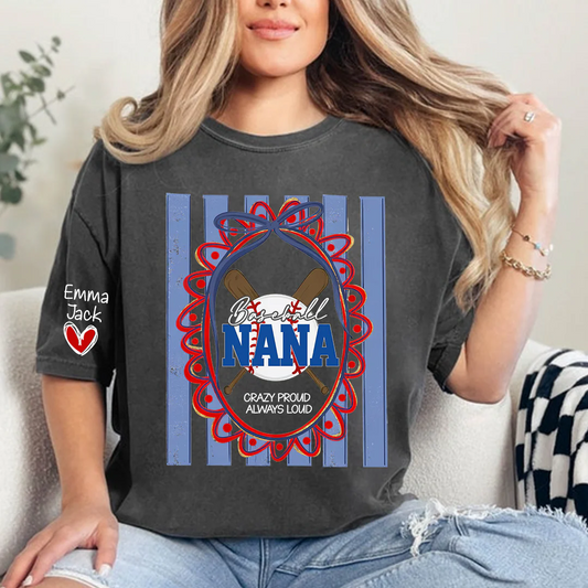 Custom Baseball Coquette Nana Shirt for Game Day, Personalized Kids Names Sports Grandma Tee