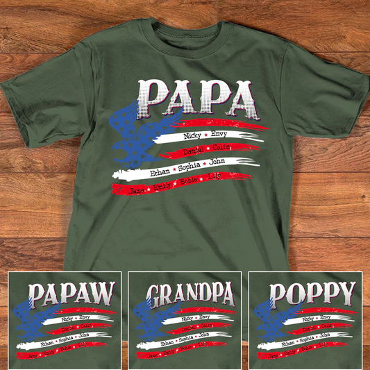Personalized Papa Shirt with American Flag Eagle, Custom Family Names, Patriotic Gift for Papa