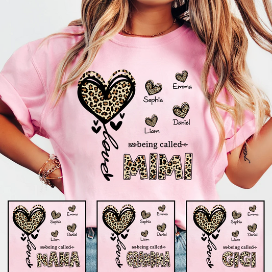 Personalized Mimi Grandma Shirt with Grandkids Names, Leopard Heart Being Called Mimi T-Shirt