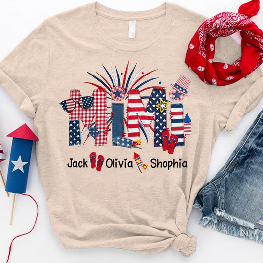 Custom Mimi Fourth of July T Shirt, USA Flag and Fireworks Theme, Personalized Gift