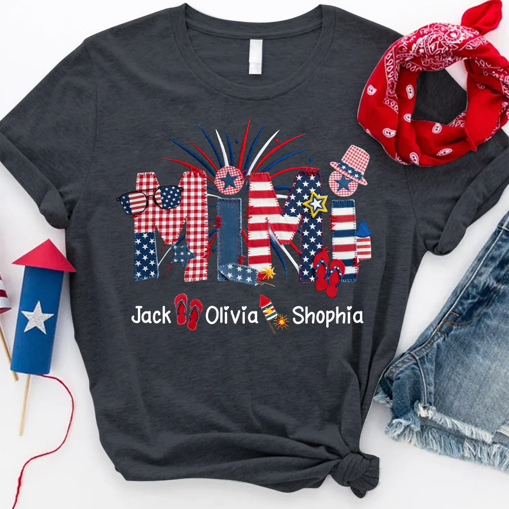 Custom Mimi Fourth of July T Shirt, USA Flag and Fireworks Theme, Personalized Gift