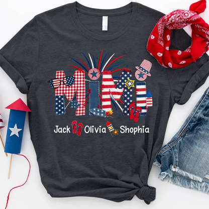 Custom Mimi Fourth of July T Shirt, USA Flag and Fireworks Theme, Personalized Gift