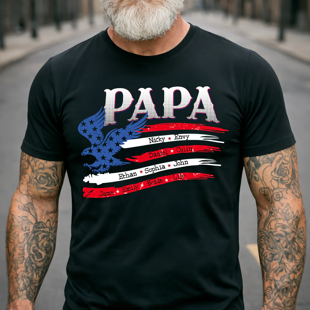 Personalized Papa Shirt with American Flag Eagle, Custom Family Names, Patriotic Gift for Papa