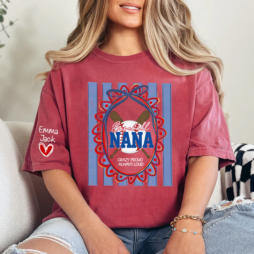 Custom Baseball Coquette Nana Shirt for Game Day, Personalized Kids Names Sports Grandma Tee
