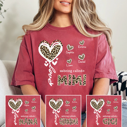 Personalized Mimi Grandma Shirt with Grandkids Names, Leopard Heart Being Called Mimi T-Shirt