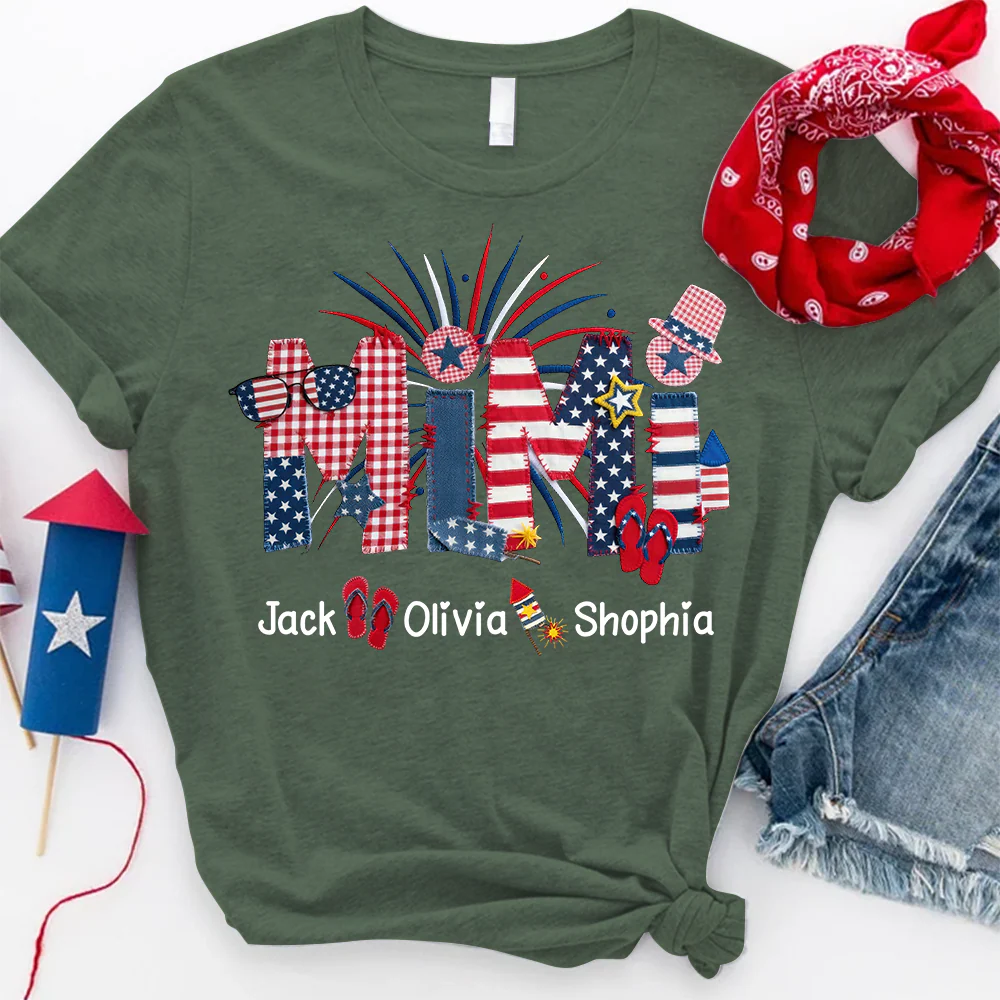 Custom Mimi Fourth of July T Shirt, USA Flag and Fireworks Theme, Personalized Gift