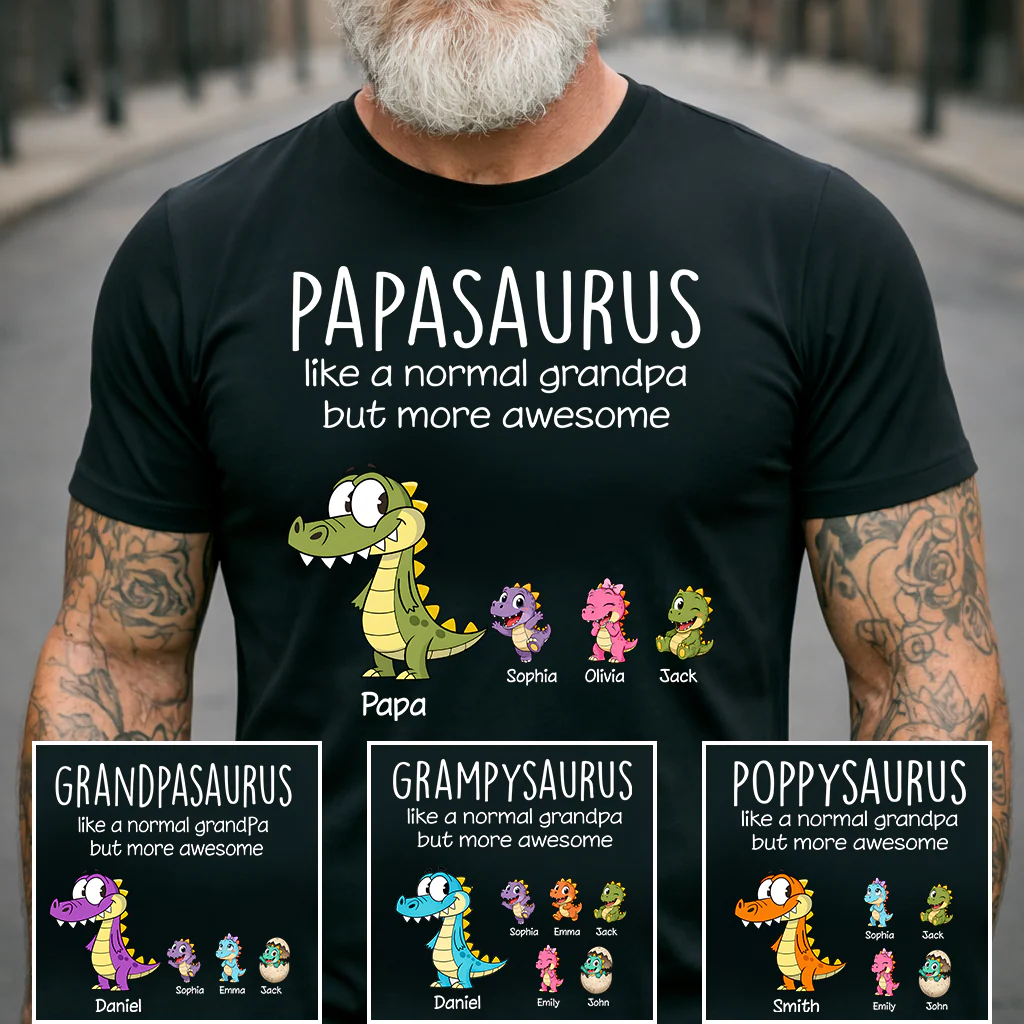 Personalized Papa Dinosaur Shirt with Custom Kids Names, Funny Grandpa Family T Shirt for Back to school