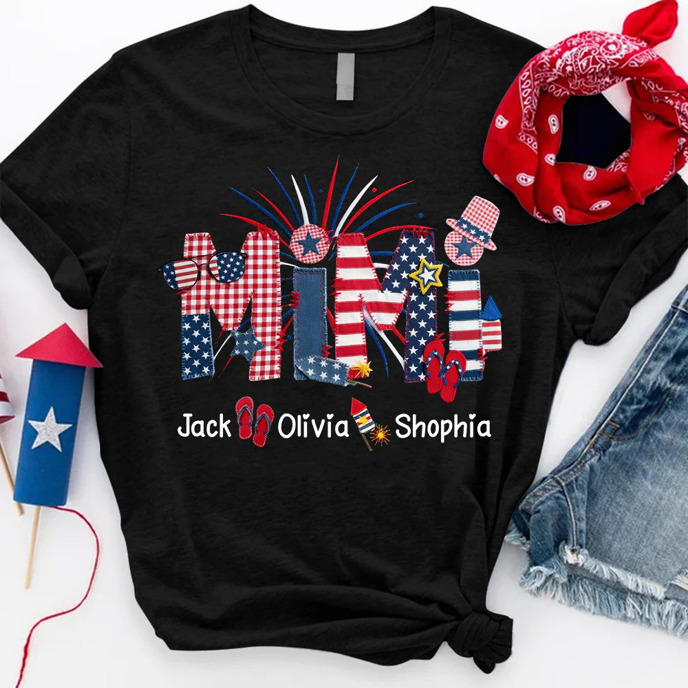 Custom Mimi Fourth of July T Shirt, USA Flag and Fireworks Theme, Personalized Gift