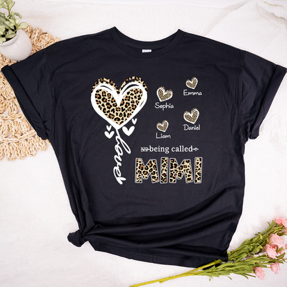 Personalized Mimi Grandma Shirt with Grandkids Names, Leopard Heart Being Called Mimi T-Shirt